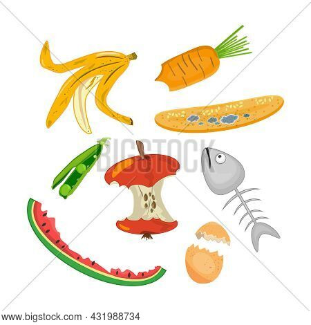 Organic Garbage Isolated On White Background. Food Leftover Or Rubbish For Domestic Composting. Zero