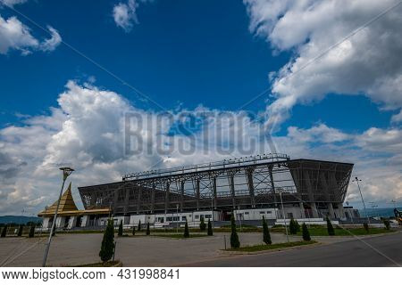 Sfantu Gheorghe, Romania- 05 September 2021: New Soccer Stadium Wide Angle View Near The City.