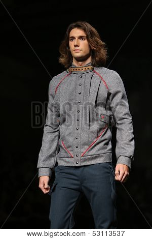 ZAGREB, CROATIA - OCTOBER 26: Fashion model wearing clothes designed by Boris Pavlin on the Cro a Porter show on October 26, 2013 in Zagreb, Croatia.