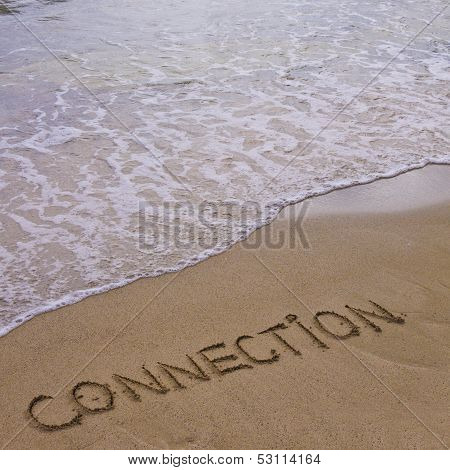 Connection Word Written On Sand, With Waves In Background