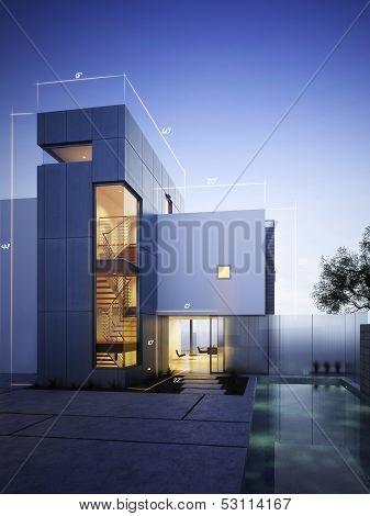 Modern construction with blueprint design accents