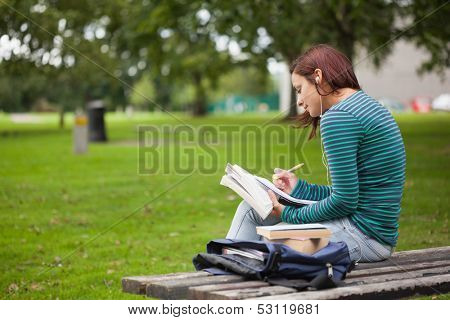 Serious casual student sitting on bench taking notes on campus at college