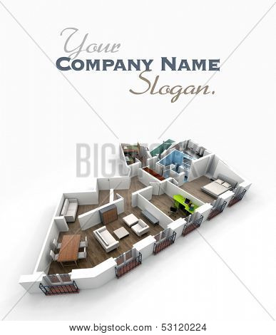 Aerial view of an appartment rendering 3D rendering of a roofless architecture model showing an apartment interior fully furnished 