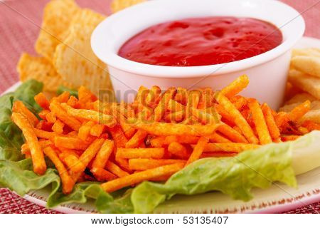 Potato Chips And Red Sauce