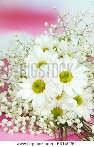 Beautiful flowers on table on bright background