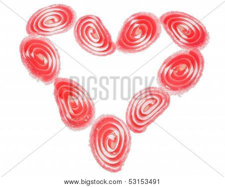 candy fruit  coated candy hearts arranged in the shape of a heart, Isolated