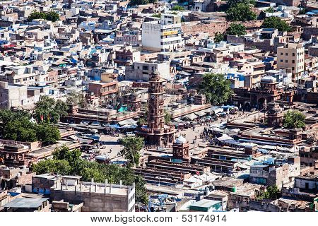 Aerial View Of Jodhpur - The Blue City - With Umaid Bhawan Palace On Sunset. View From Mehrangarh Fo