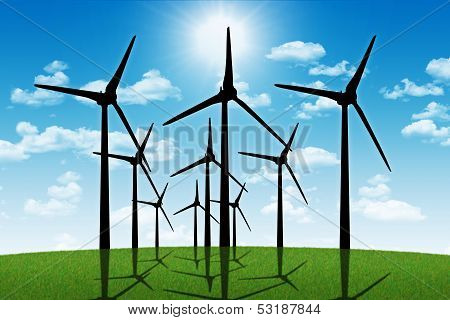 Group Of Aeolian Windmills In Perspective