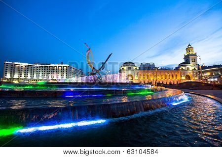 MOSCOW, RUSSIA - JUNE 14, 2012: View of Kievskiy railway station at night. Station was opened 1918 in the Byzantine Revival style pronounced in the 51 m high clocktower.