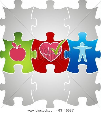Healthy Living Puzzle Concept. Healthy Food And Fitness Leads To Healthy Heart.