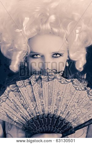 Beautiful Baroque Woman Monochrome Portrait with Wig and Fan