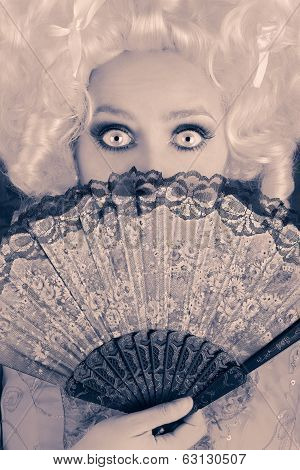 Surprised  Baroque Woman Monochrome Portrait with Wig and Fan