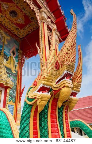 Golden Naga, Thai Mythological Character, As Part Of Beautiful Architecture  Of Chalong Temple, Phuk