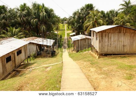 Peru, Peruvian Amazonas Landscape. The Photo Present Typical Indian Tribes Settlement In Amazon