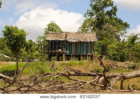 Peru, Peruvian Amazonas Landscape. The Photo Present Typical Indian Tribes Settlement In Amazon