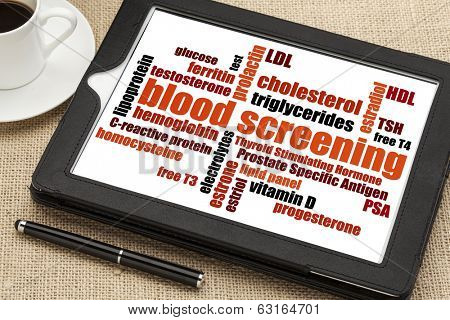 healthcare concept - blood screening word cloud on a digital tablet