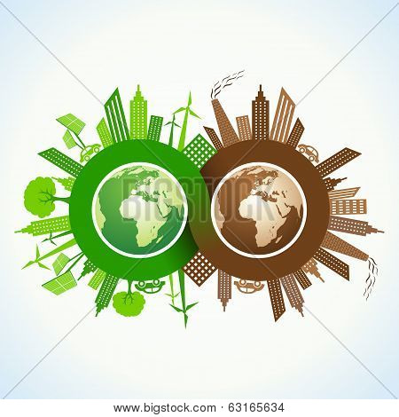 Eco and Polluted city around infinity symbol and earth stock vector