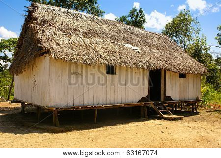 Peru, Peruvian Amazonas Landscape. The Photo Present Typical Indian Tribes Settlement In Amazon