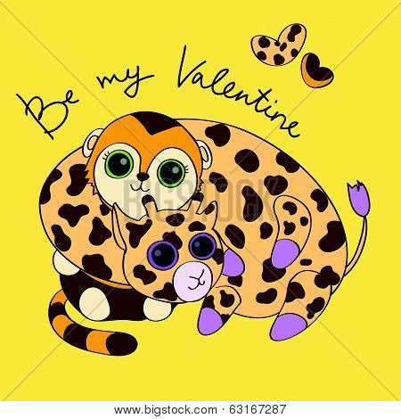 Postcard for Valentines Day with giraffe and monkey