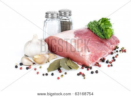 uncooked meat : raw fresh beef pork rib and fillet ready to cooking with garlic and green stuff isol