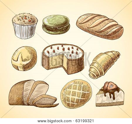 Pastry and bread decorative icons set