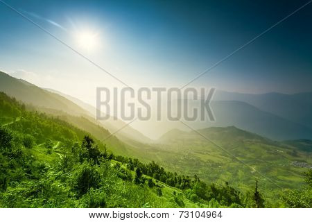 Himalayan mountains and rice field, Nepal