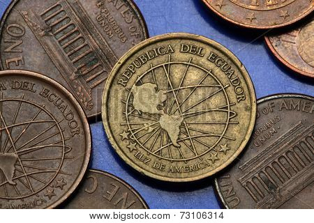 Coins of Ecuador. Globe with a map of the Americas depicted in the Ecuadorian centavo coins.