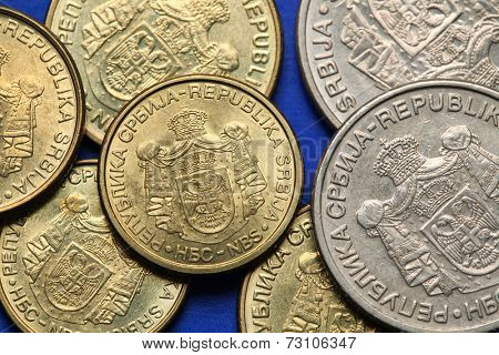 Coins of Serbia. Serbian national coats of arms depicted in Serbian dinar coins. 