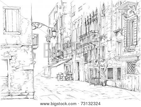 Venice - Calle Fondamenta Megio. Ancient building. Vector drawing