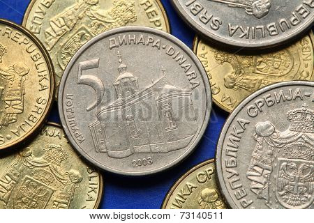 Coins of Serbia. Krusedol monastery in Vojvodina, Serbia, depicted in Serbian five dinars coin. 