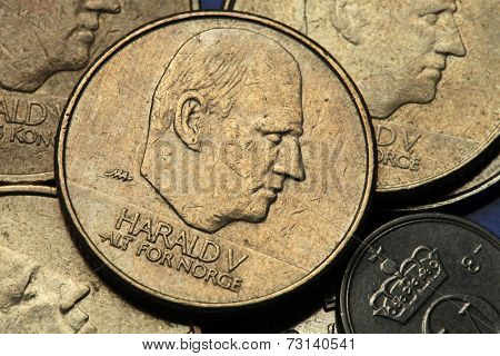 Coins of Norway. King Harald V of Norway depicted in Norwegian krone coins. 