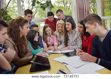 happy young teens group in school on chemisty lessons and library education