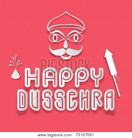 Stylish text of Dussehra with silwer under line, crackers and Ravan face on red shiny background.