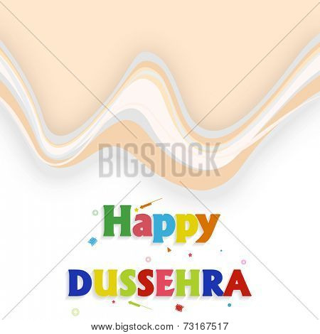 Illustration of colourful Happy Dussehra text with small crackers on seamless background.