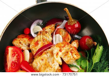 fried chicken brisket slices on teflon pan