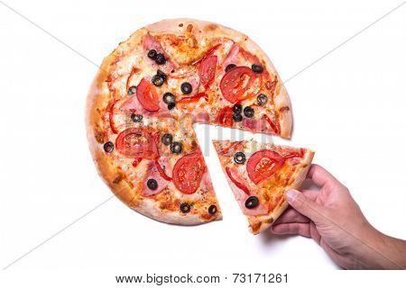 Male hand picking tasty pizza slice, isolated on white background  