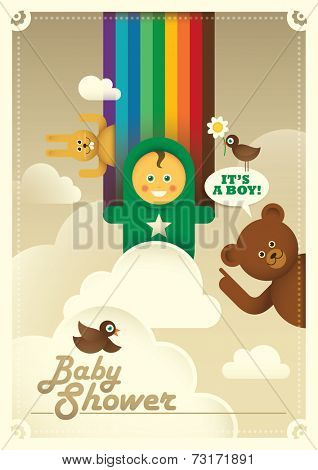 Colorful baby shower illustration with comic animals. Vector illustration.