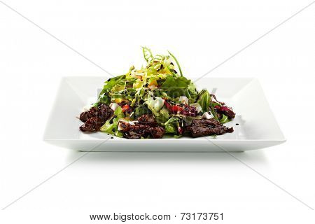 Japanese Cuisine - Gyuniku Sarada. Lettuce. Strawberry with Pineapple and Beef and Tofu Cheese
