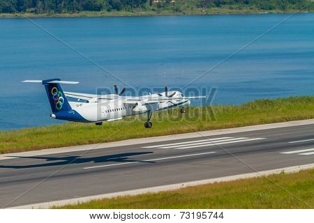 CORFU, GREECE - SEPTEMBER 29: A airways aircraft on approach on SEPTEMBER 29, 2014 in Corfu, Greece. airways is a national Greek airline