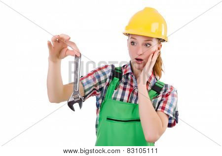 Constructon worker female with wrench isolated on white