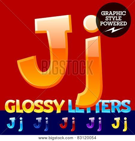 Vector set of glossy modern alphabet in different colors. Letter J. Also includes graphic styles