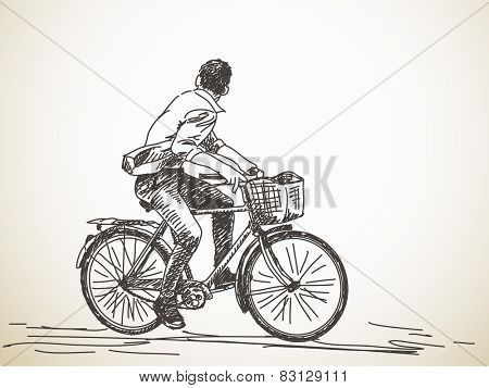 Sketch of bicyclist looking back, Hand drawn Vector illustration