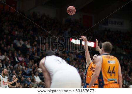 VALENCIA, SPAIN - FEBRUARY 15: Loncar with ball during Spanish League match between Valencia Basket Club and Real Madrid at Fonteta Stadium on February 15, 2015 in Valencia, Spain