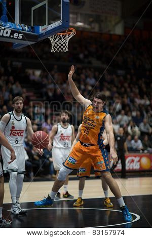 VALENCIA, SPAIN - FEBRUARY 15: Loncar 25 in action during Spanish League match between Valencia Basket Club and Real Madrid at Fonteta Stadium on February 15, 2015 in Valencia, Spain