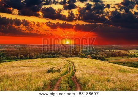 road landscape sunset summer nature field sky