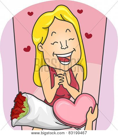 Illustration of a Woman Gleefully Receiving a Bouquet of Flowers and a Box of Chocolates