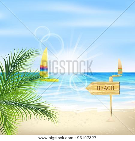 Seacoast with palm leaves, sunshine, beach and sailboats.