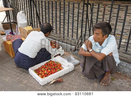 Burmese Men Selling Fresh Fruits At Bogyoke Market