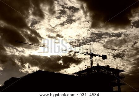 Construction Site and Crane,Silhouette sunset construction