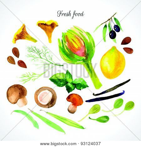 Vector Illustration With Watercolor Food.